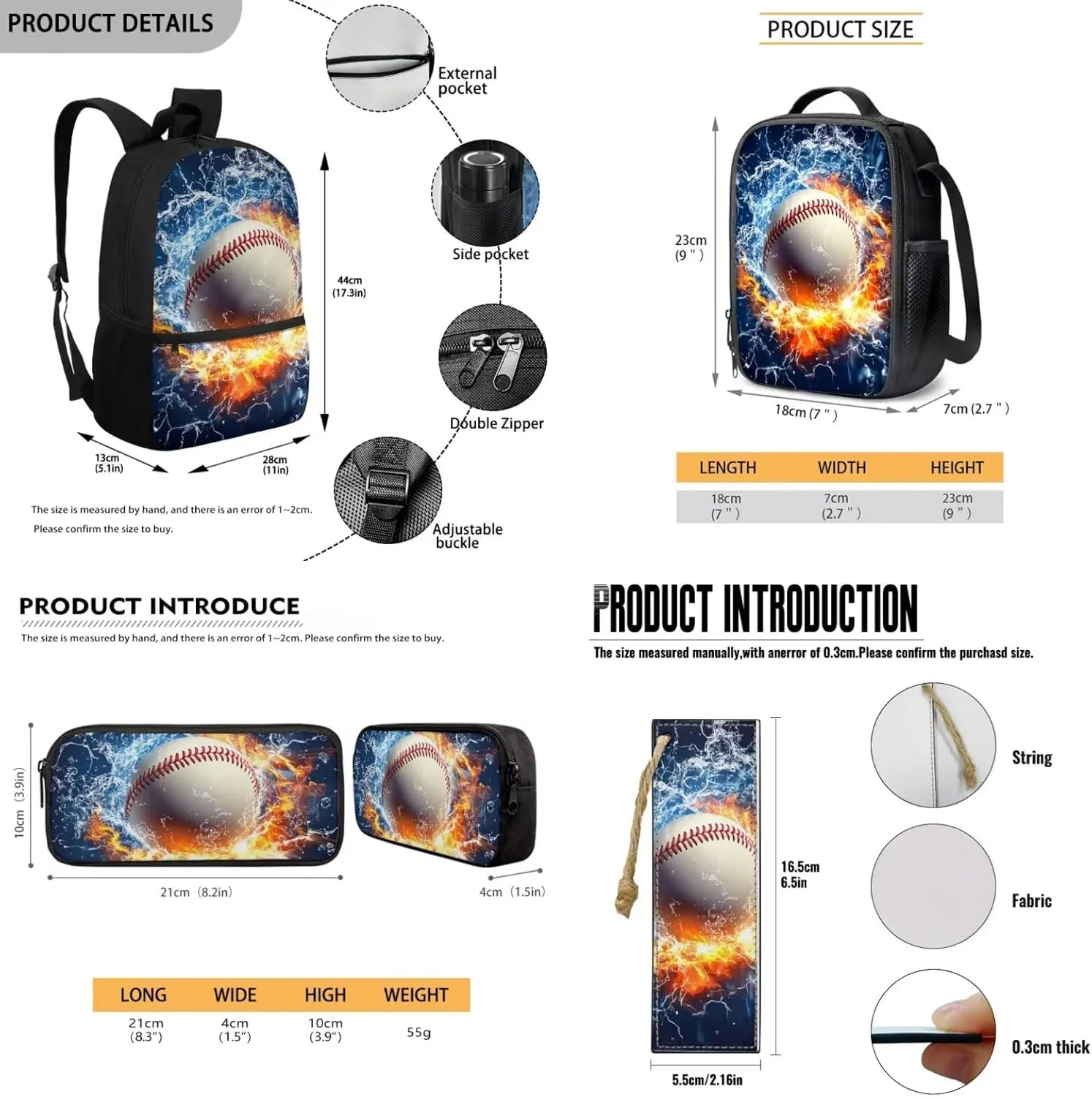 Boys Backpack 6-8 Baseball School Novelty Flame Bookbag for Boys 8-12 with Lunch Box 4 in 1 Lightweight Thermal Lunch Bag with Adjustable Shoulder Strap Pencil Case