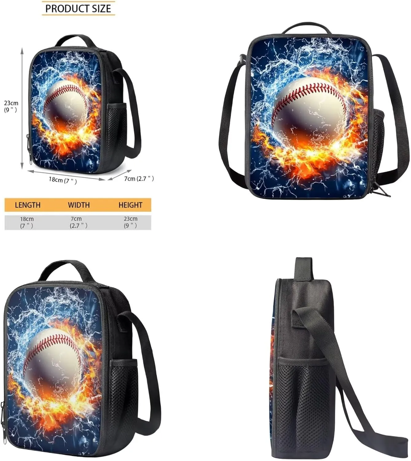 Boys Backpack 6-8 Baseball School Novelty Flame Bookbag for Boys 8-12 with Lunch Box 4 in 1 Lightweight Thermal Lunch Bag with Adjustable Shoulder Strap Pencil Case