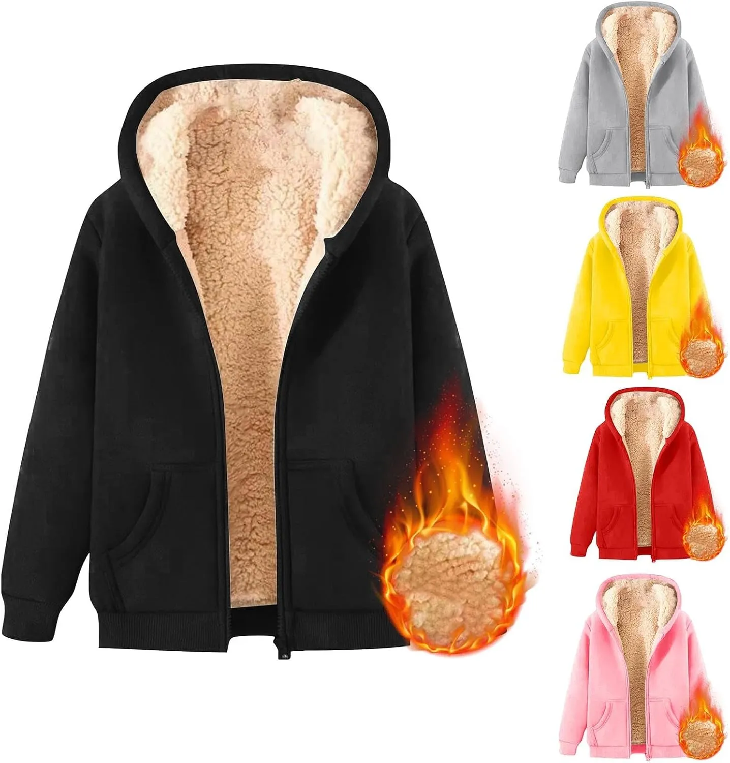 Boys Girls Fleece Hoodies Youth Sherpa Lined Zip Up Hooded Jacket Kids Heavyweight Winter Sweatshirt Oversized Hoodie
