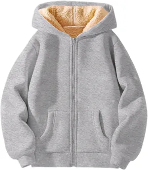 Boys Girls Fleece Hoodies Youth Sherpa Lined Zip Up Hooded Jacket Kids Heavyweight Winter Sweatshirt Oversized Hoodie