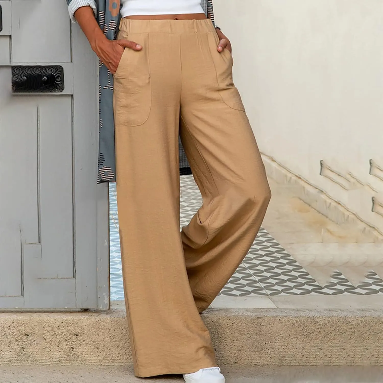 BZGTZT Women's Cotton Linen Pants Summer Casual Wide Leg Trousers Elastic High Waist Loose Fit Lounge Pants with Pocket
