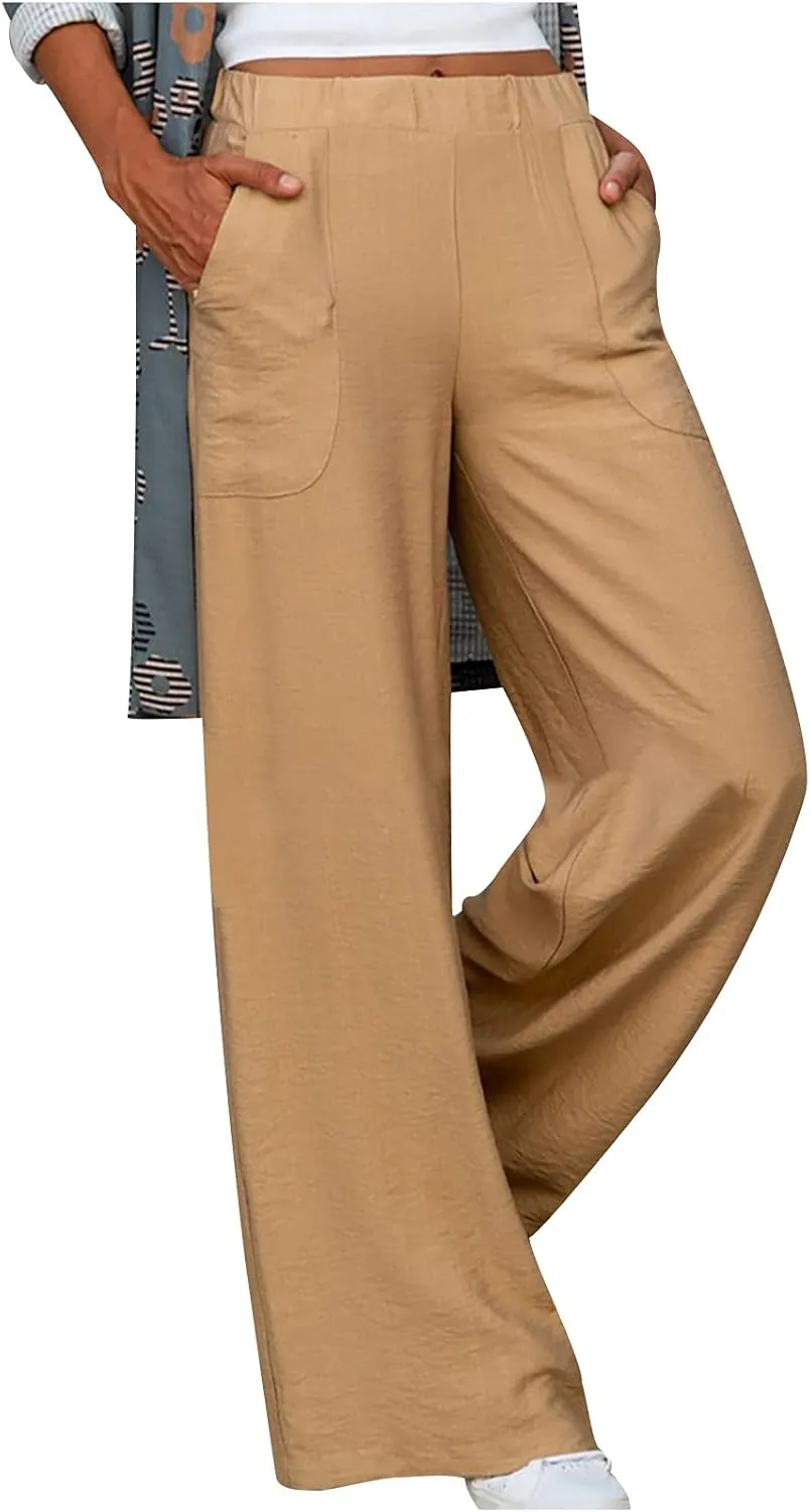 BZGTZT Women's Cotton Linen Pants Summer Casual Wide Leg Trousers Elastic High Waist Loose Fit Lounge Pants with Pocket