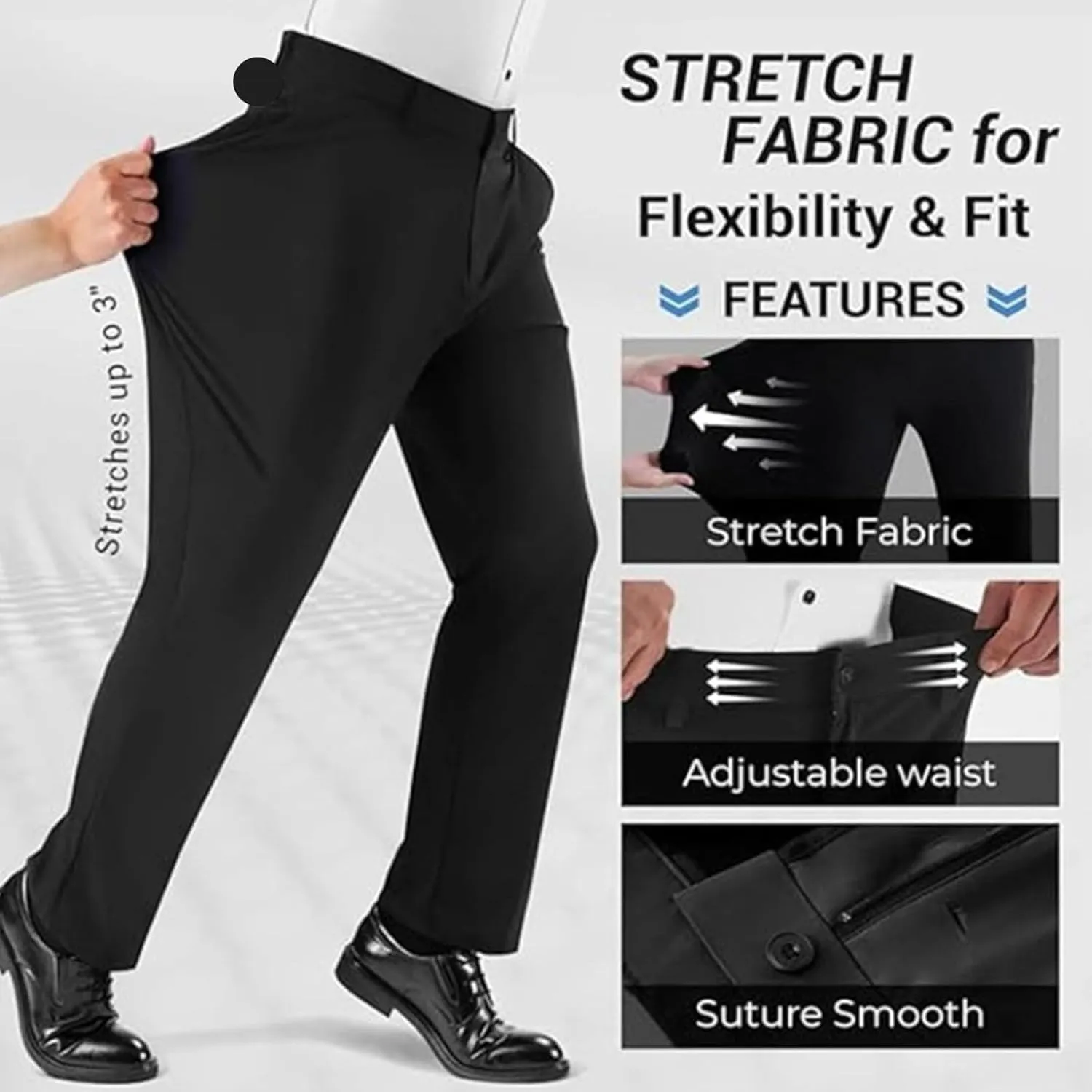 Calormas Mens Pants, Timelessflex - Men's High Stretch Straight Fit Pants, Timelessflex Mens Pants, Casual Suit Pants