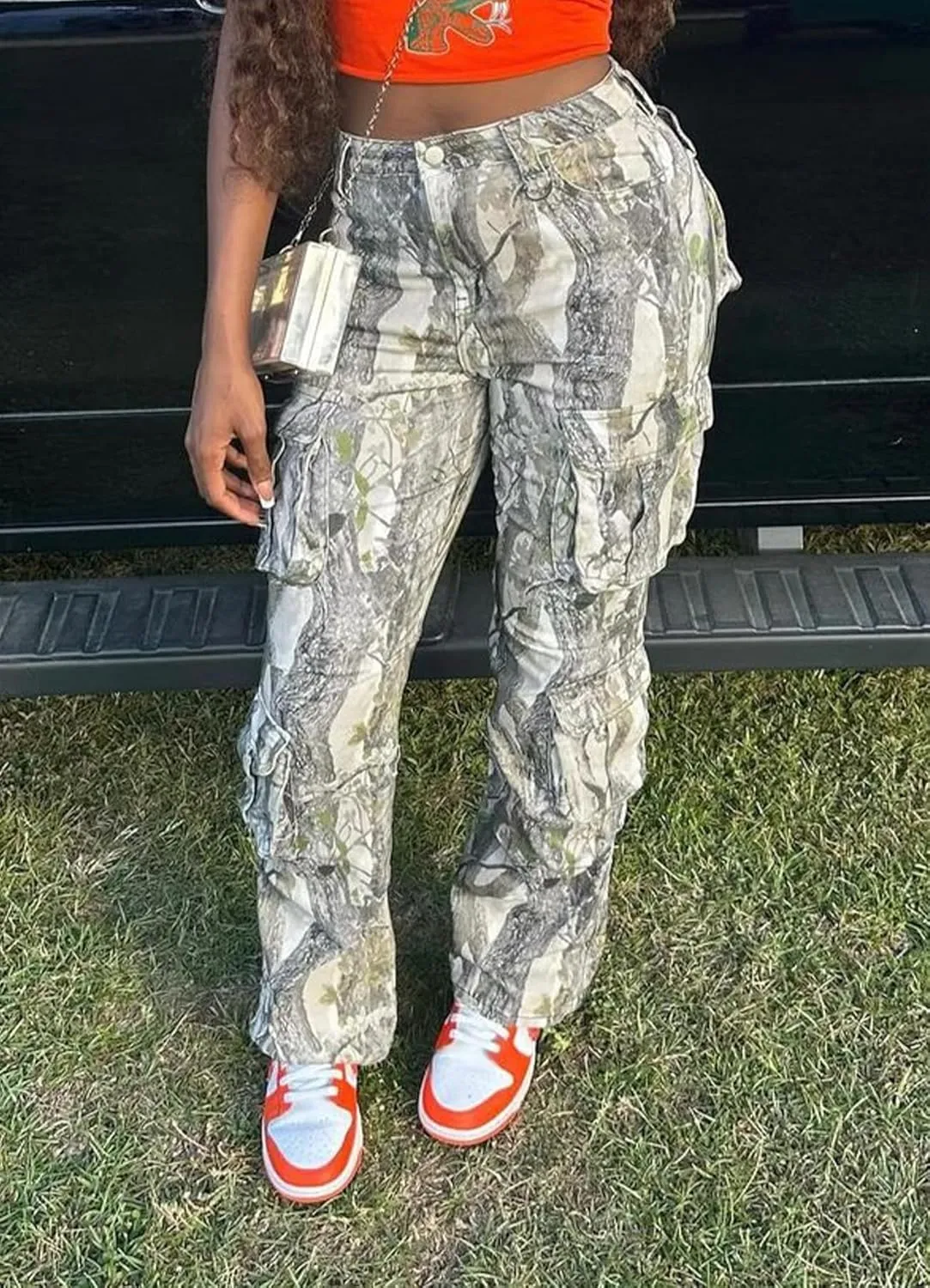Camo Pants Women High Waist Baggy Wide Leg Camouflage Army Fatigue Jean Trousers Slim Fit Pockets Joggers Sweatpants
