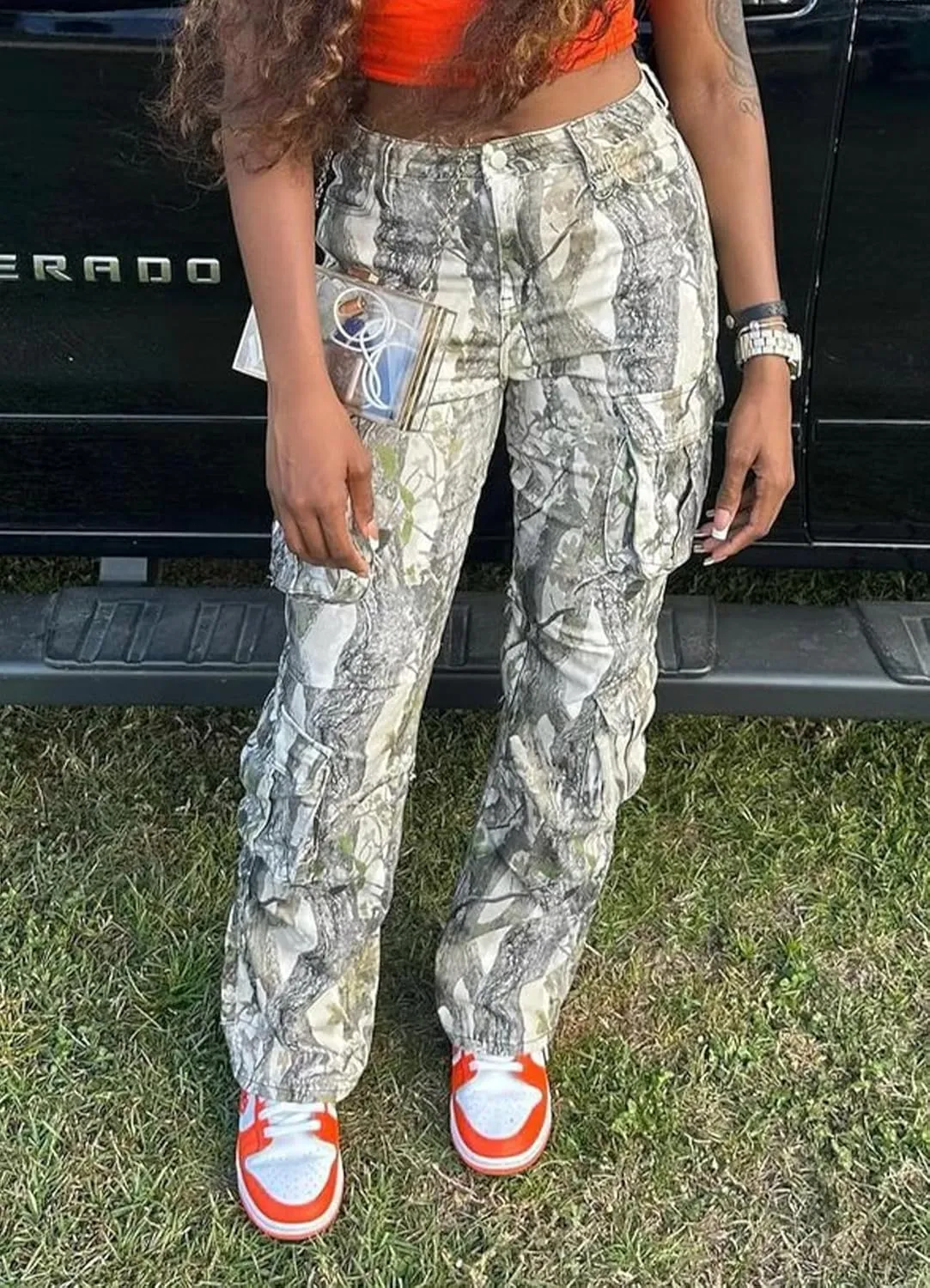 Camo Pants Women High Waist Baggy Wide Leg Camouflage Army Fatigue Jean Trousers Slim Fit Pockets Joggers Sweatpants