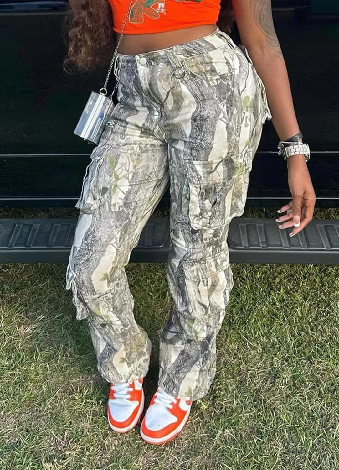 Camo Pants Women High Waist Baggy Wide Leg Camouflage Army Fatigue Jean Trousers Slim Fit Pockets Joggers Sweatpants