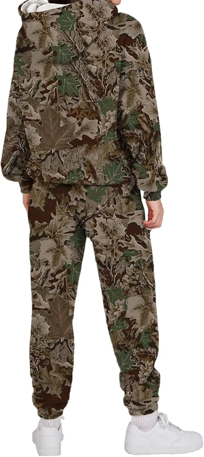 Camo Sweatsuits for Women Set 2 Piece Maple Leaf Print Oversized Sweatshirt Camo Hoodies Sweater Sweatpants Sets