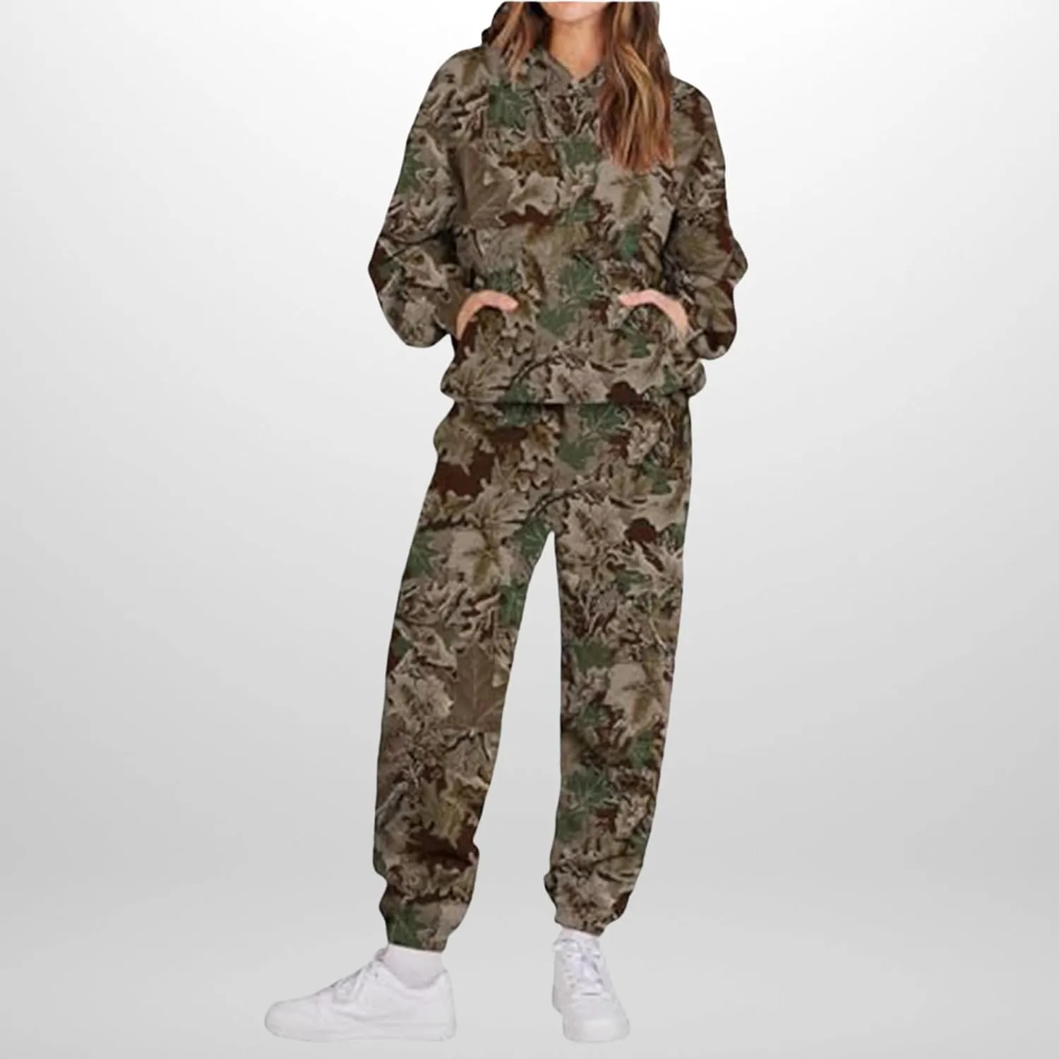 Camo Sweatsuits for Women Set 2 Piece Maple Leaf Print Oversized Sweatshirt Camo Hoodies Sweater Sweatpants Sets