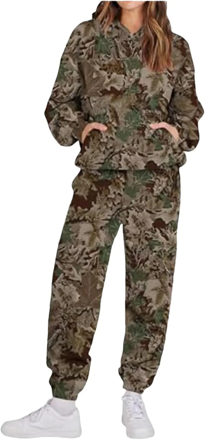 Camo Sweatsuits for Women Set 2 Piece Maple Leaf Print Oversized Sweatshirt Camo Hoodies Sweater Sweatpants Sets