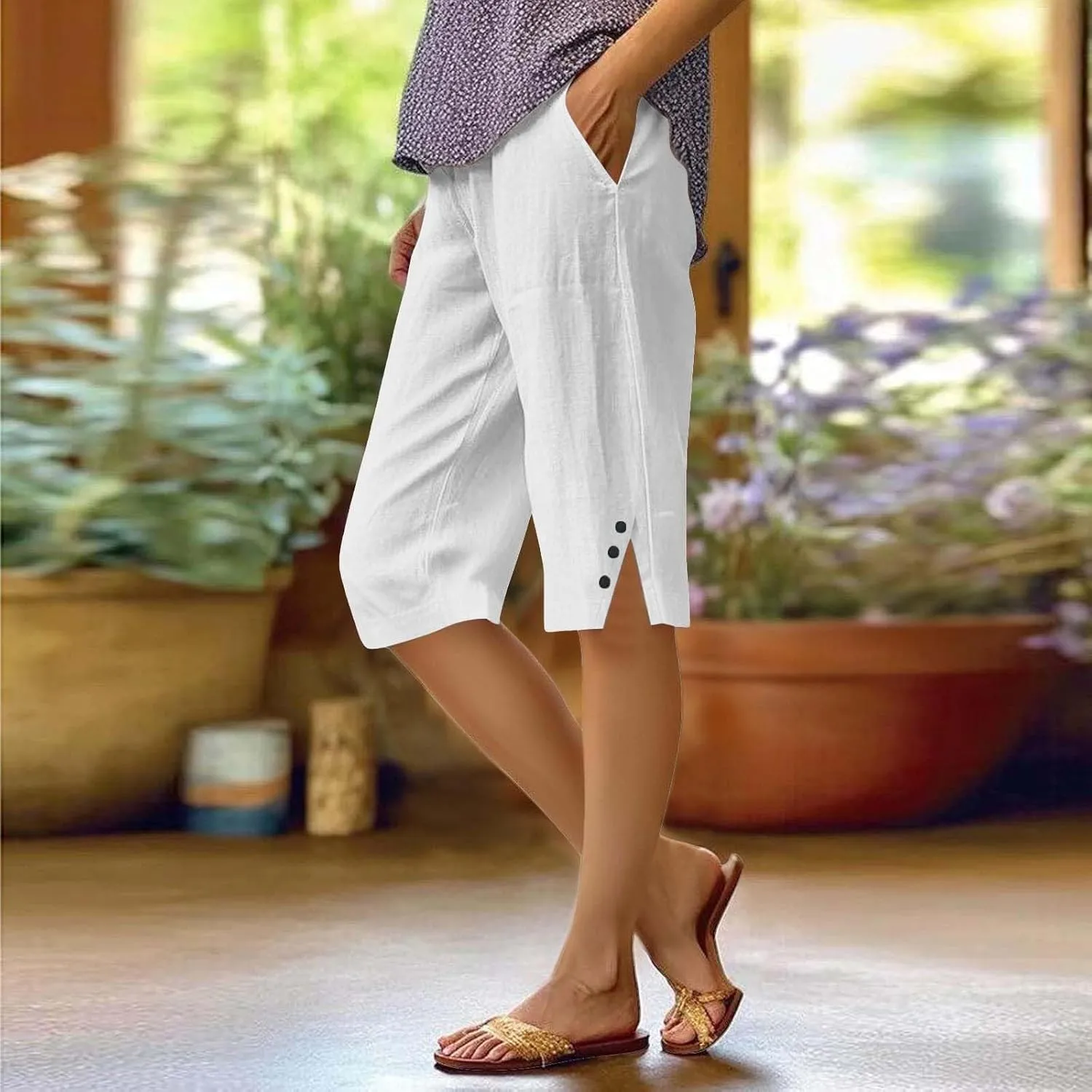 Capri Pants for Women Bermuda Shorts High Waisted Wide Leg Cropped Linen Pants Casual Palazzo Pant with Pockets
