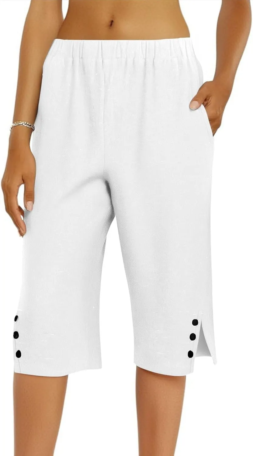 Capri Pants for Women Bermuda Shorts High Waisted Wide Leg Cropped Linen Pants Casual Palazzo Pant with Pockets