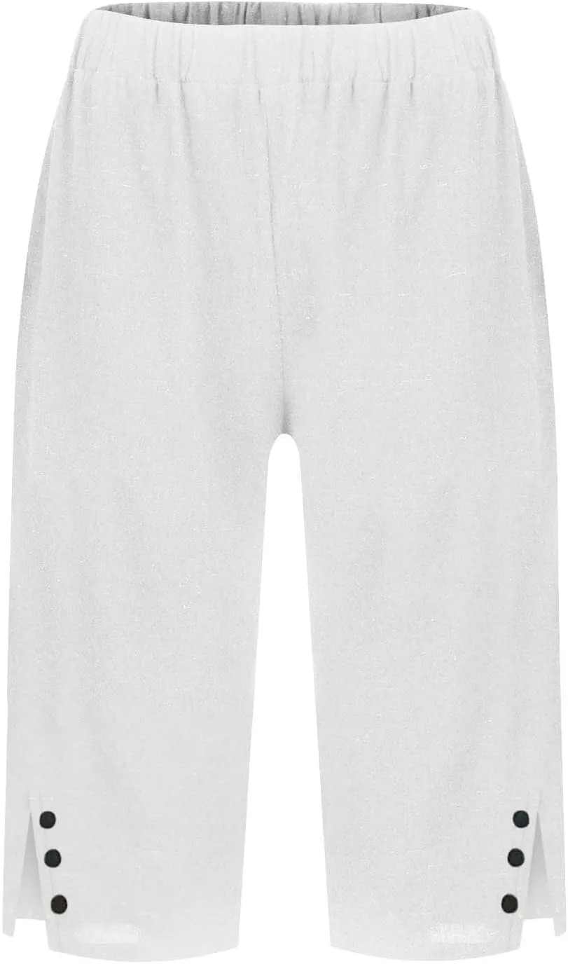 Capri Pants for Women Bermuda Shorts High Waisted Wide Leg Cropped Linen Pants Casual Palazzo Pant with Pockets