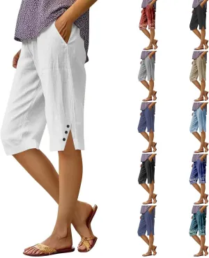 Capri Pants for Women Bermuda Shorts High Waisted Wide Leg Cropped Linen Pants Casual Palazzo Pant with Pockets