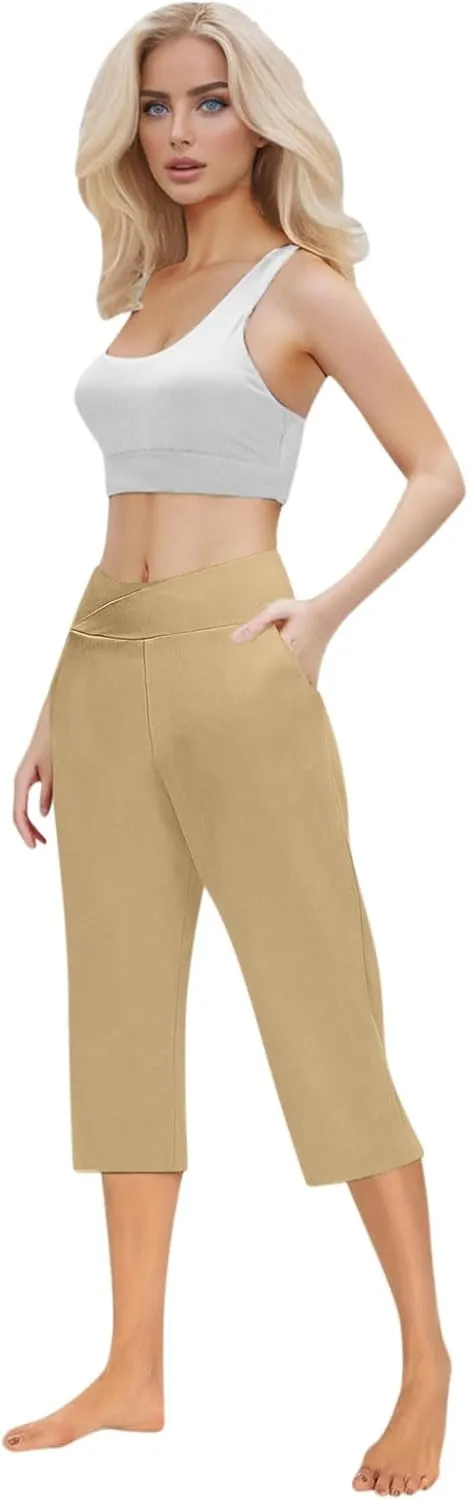 Capri Pants for Women Casual 2025 Summer Cross High Waist Yoga Cropped Pants Workout Wide Leg Plus Size Lounge Capris