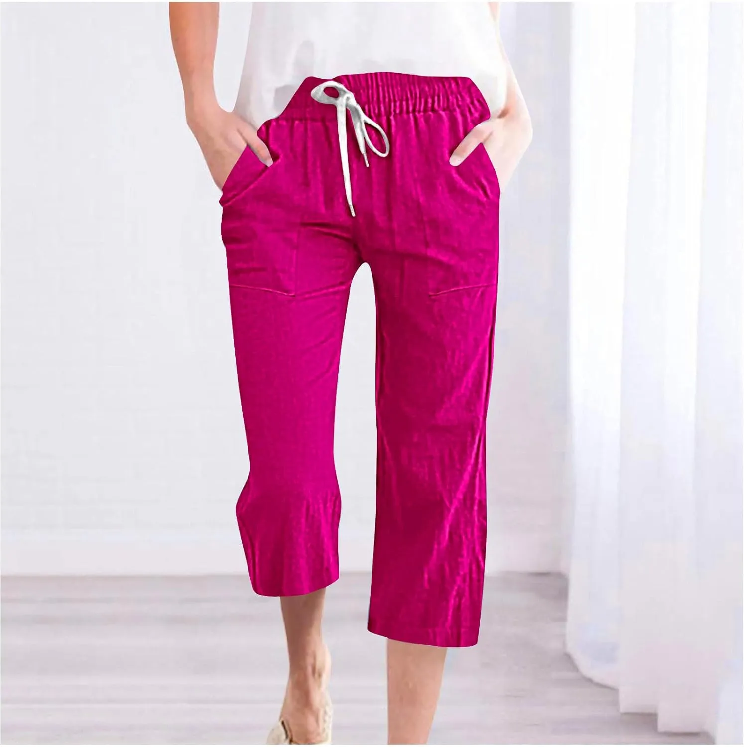 Capri Pants for Women Casual Summer Drawstring Elestic High Waist Cropped Trouser Plus Size Cotton Linen Capris