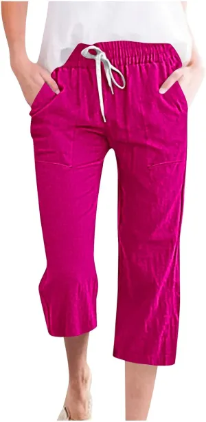 Capri Pants for Women Casual Summer Drawstring Elestic High Waist Cropped Trouser Plus Size Cotton Linen Capris