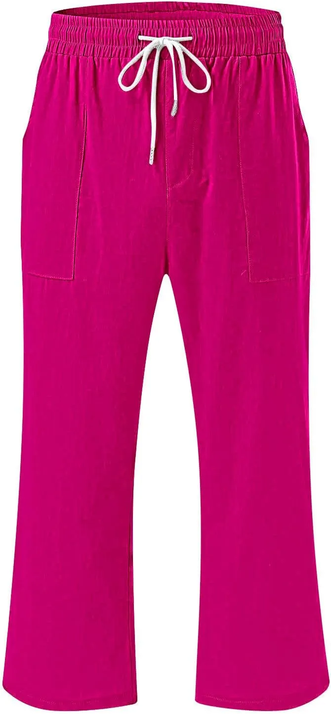 Capri Pants for Women Casual Summer Drawstring Elestic High Waist Cropped Trouser Plus Size Cotton Linen Capris