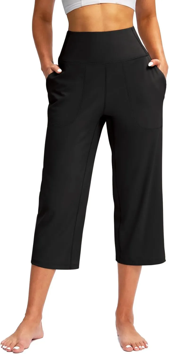Capri Pants for Women Summer Wide Leg Capri Pants with Pockets Tummy Control Yoga Capris Plus Size Cropped Pant