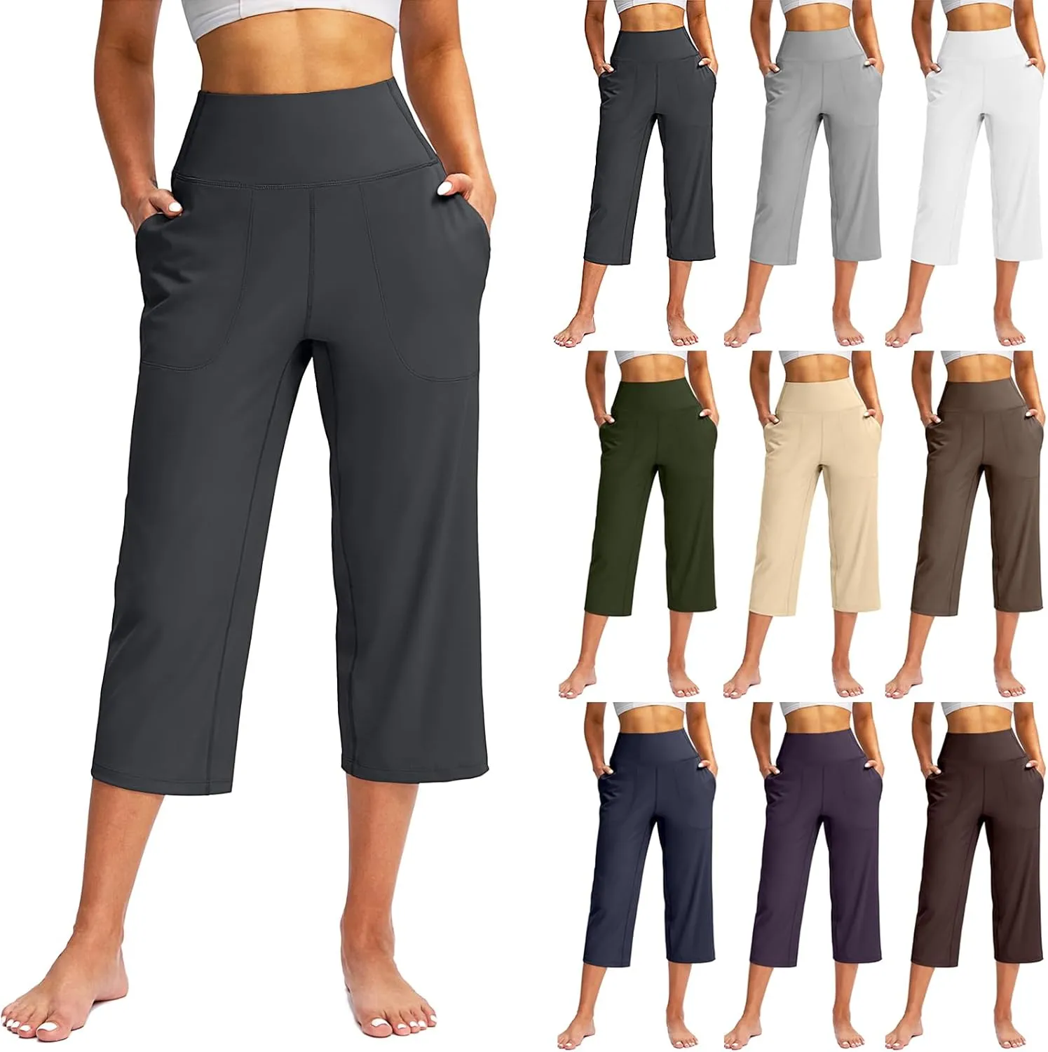 Capri Pants for Women Summer Wide Leg Capri Pants with Pockets Tummy Control Yoga Capris Plus Size Cropped Pant