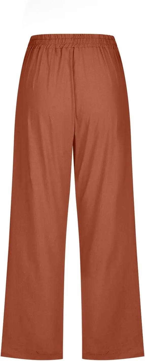 Capris Pants for Women Cotton Linen Casual Summer Plus Size Wide Leg Loose Drawstring Elastic Waist Cropped Trousers