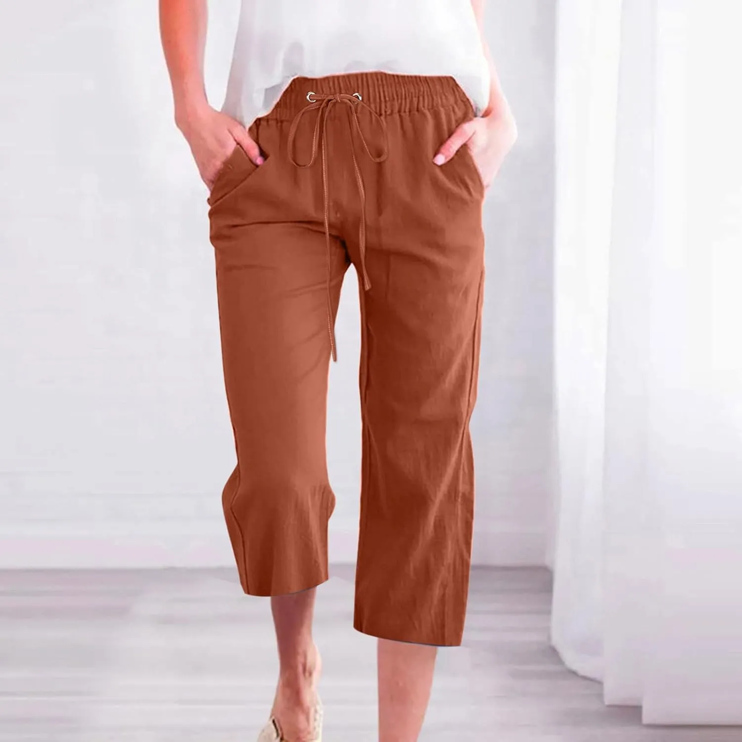 Capris Pants for Women Cotton Linen Casual Summer Plus Size Wide Leg Loose Drawstring Elastic Waist Cropped Trousers