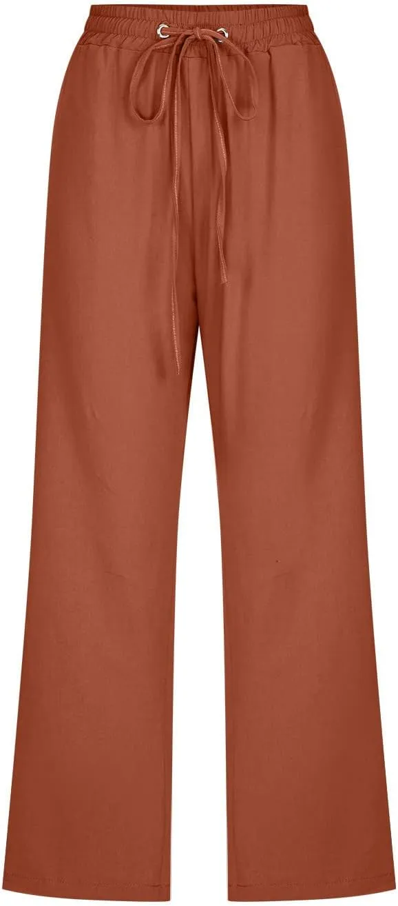 Capris Pants for Women Cotton Linen Casual Summer Plus Size Wide Leg Loose Drawstring Elastic Waist Cropped Trousers