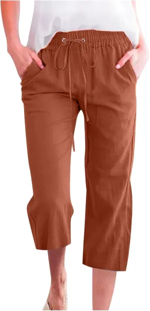 Capris Pants for Women Cotton Linen Casual Summer Plus Size Wide Leg Loose Drawstring Elastic Waist Cropped Trousers