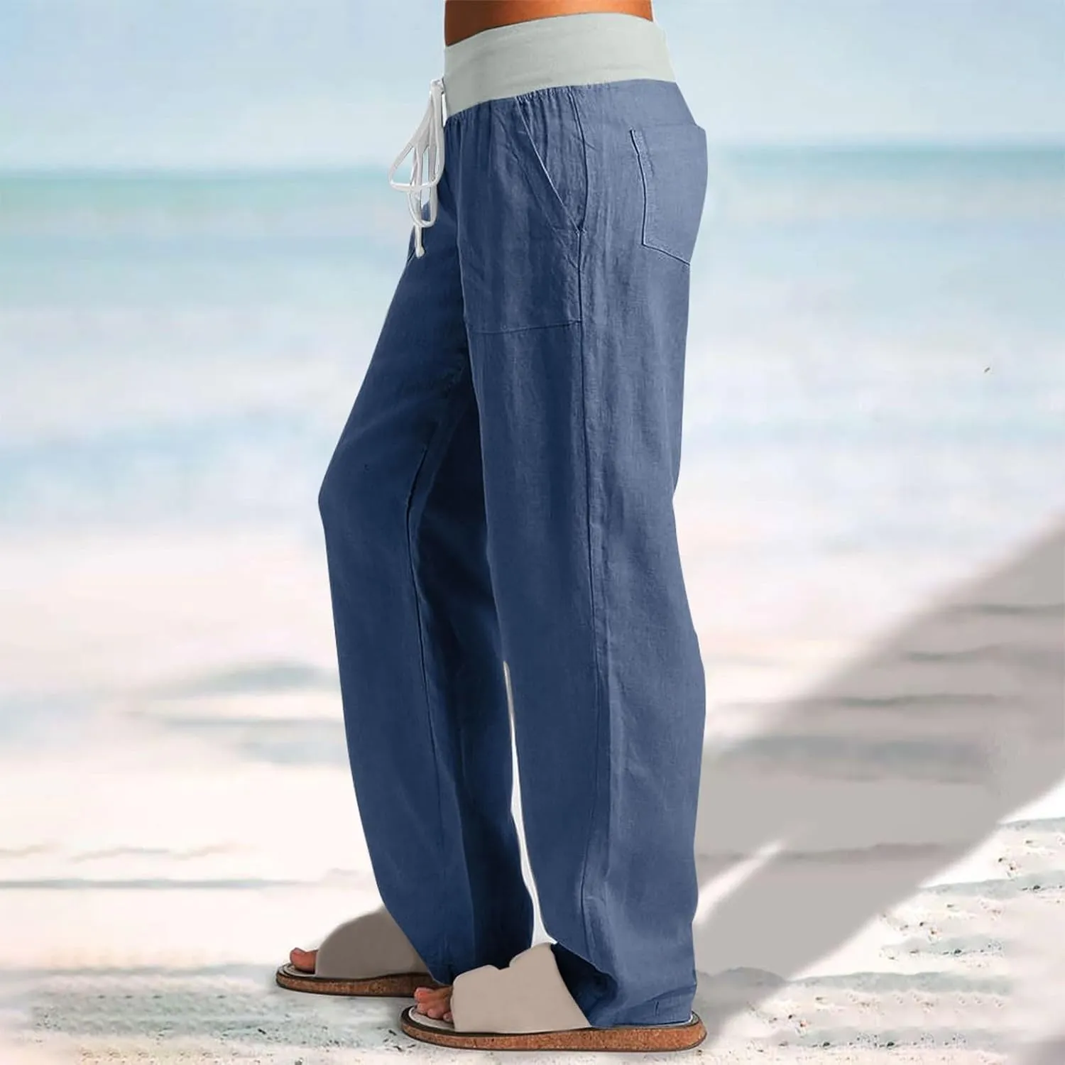 Cargo Pants Women with Flap Pockets High Waisted Side Tie Hem Straight Leg Drawstring Hiking Pants for Travel Joggers