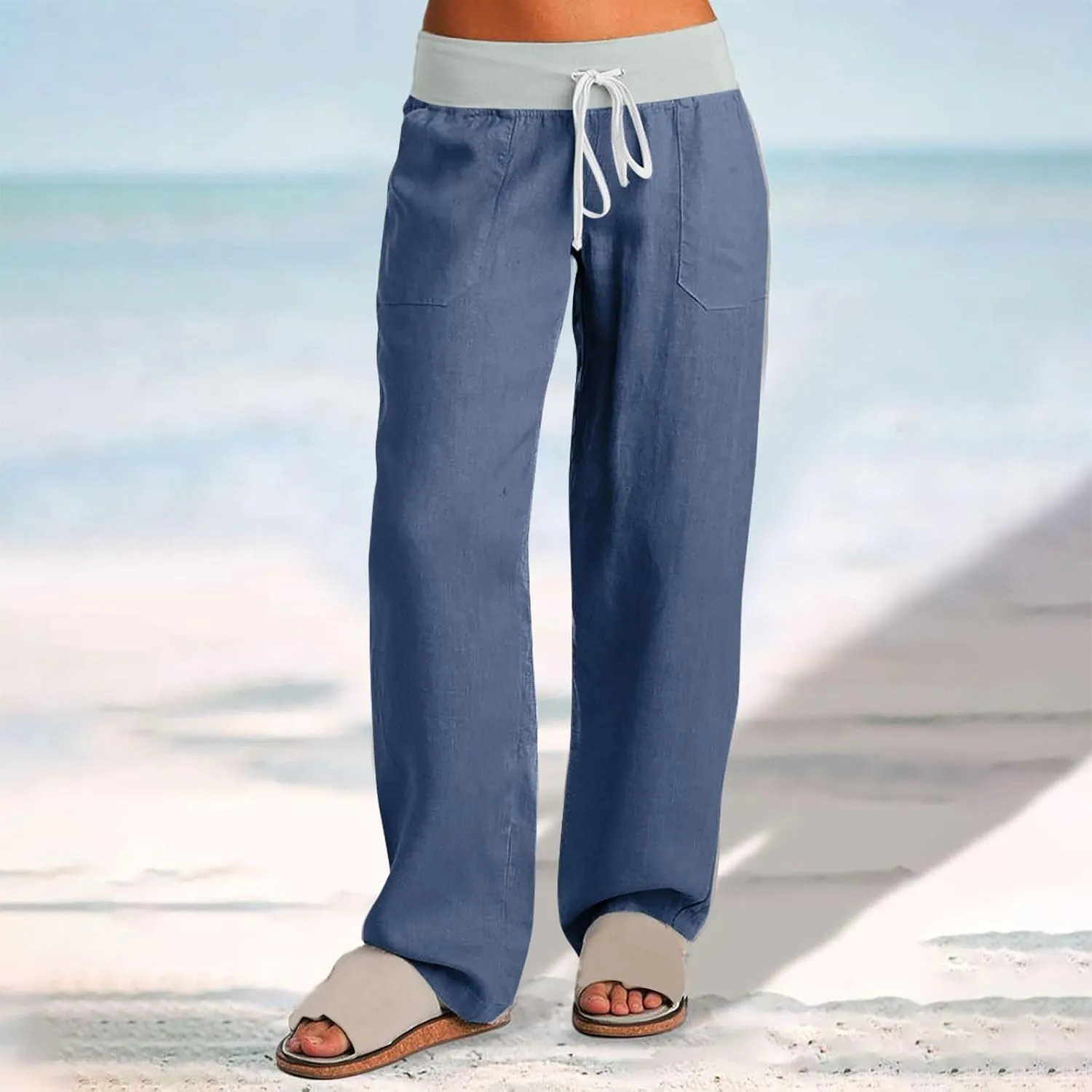 Cargo Pants Women with Flap Pockets High Waisted Side Tie Hem Straight Leg Drawstring Hiking Pants for Travel Joggers