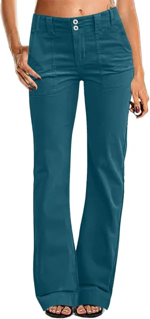 Casual Flare Pants for Women Classic Stretch Twill Pants High Waisted Chino Pants Comfy Wide Leg Pants with Pockets