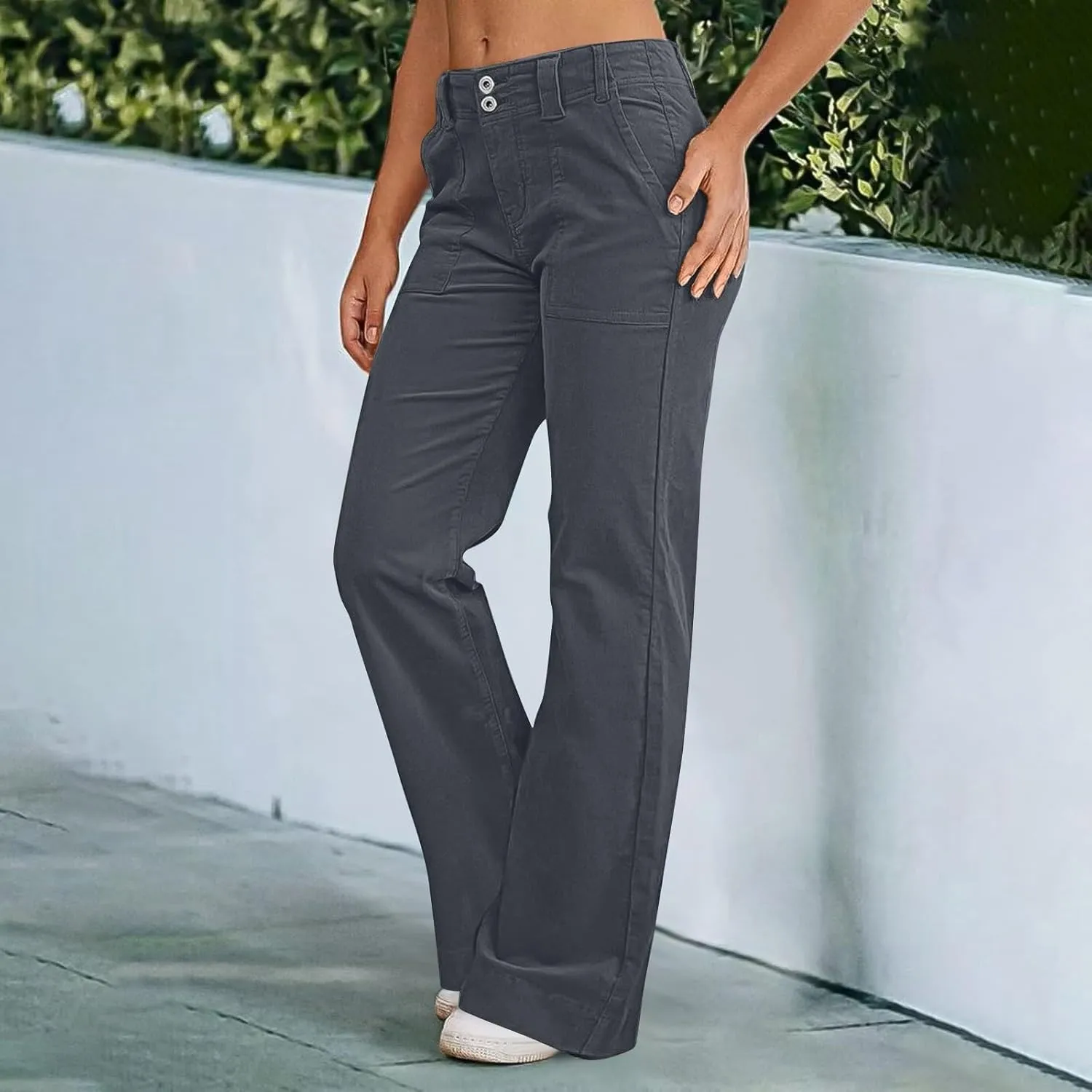 Casual Flare Pants for Women Classic Stretch Twill Pants High Waisted Chino Pants Comfy Wide Leg Pants with Pockets