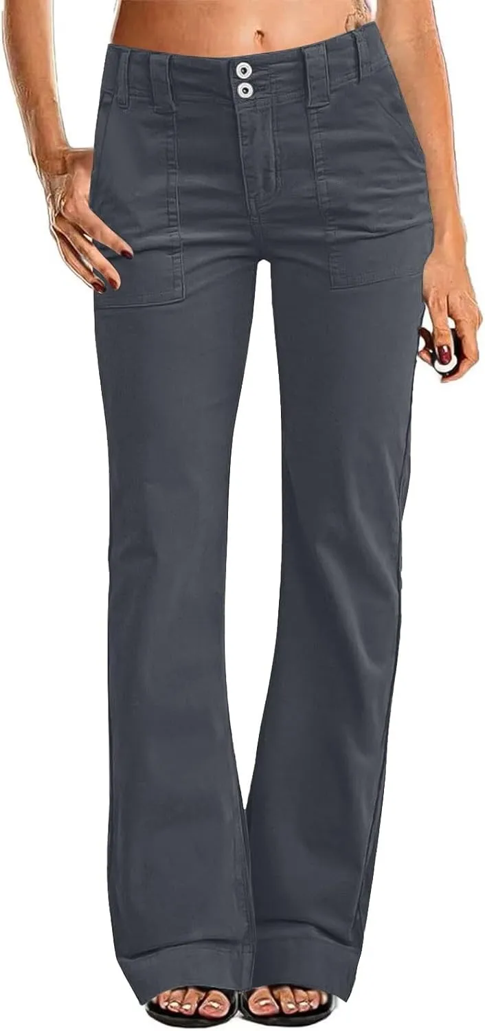 Casual Flare Pants for Women Classic Stretch Twill Pants High Waisted Chino Pants Comfy Wide Leg Pants with Pockets