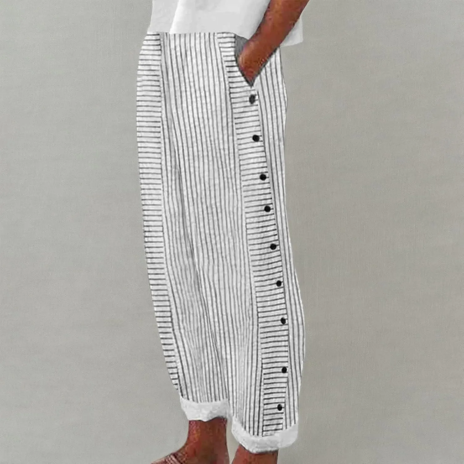 Casual Pants for Women Striped Side Button Elastic Waist Trendy Pants Straight Leg Lightweight Trousers with Pocket