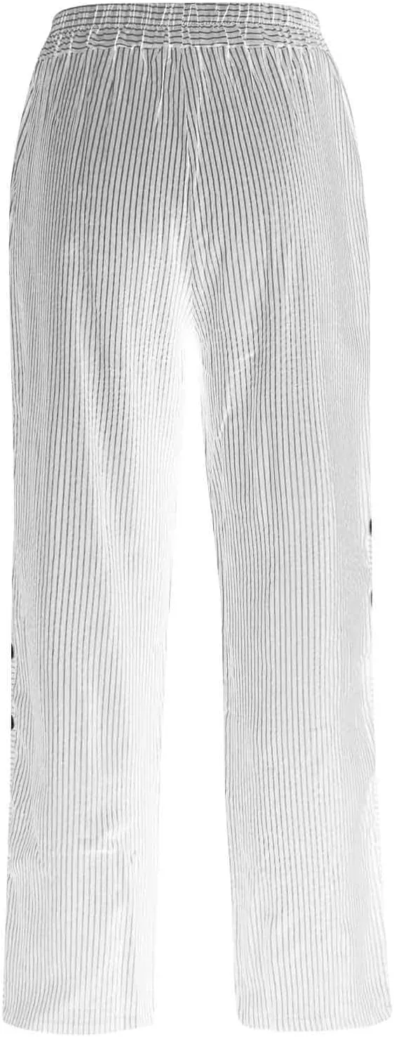 Casual Pants for Women Striped Side Button Elastic Waist Trendy Pants Straight Leg Lightweight Trousers with Pocket