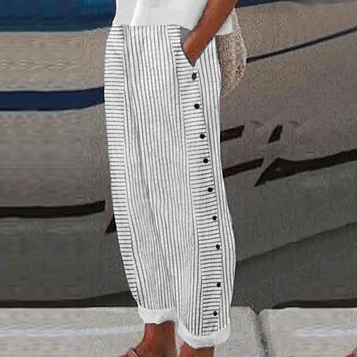 Casual Pants for Women Striped Side Button Elastic Waist Trendy Pants Straight Leg Lightweight Trousers with Pocket