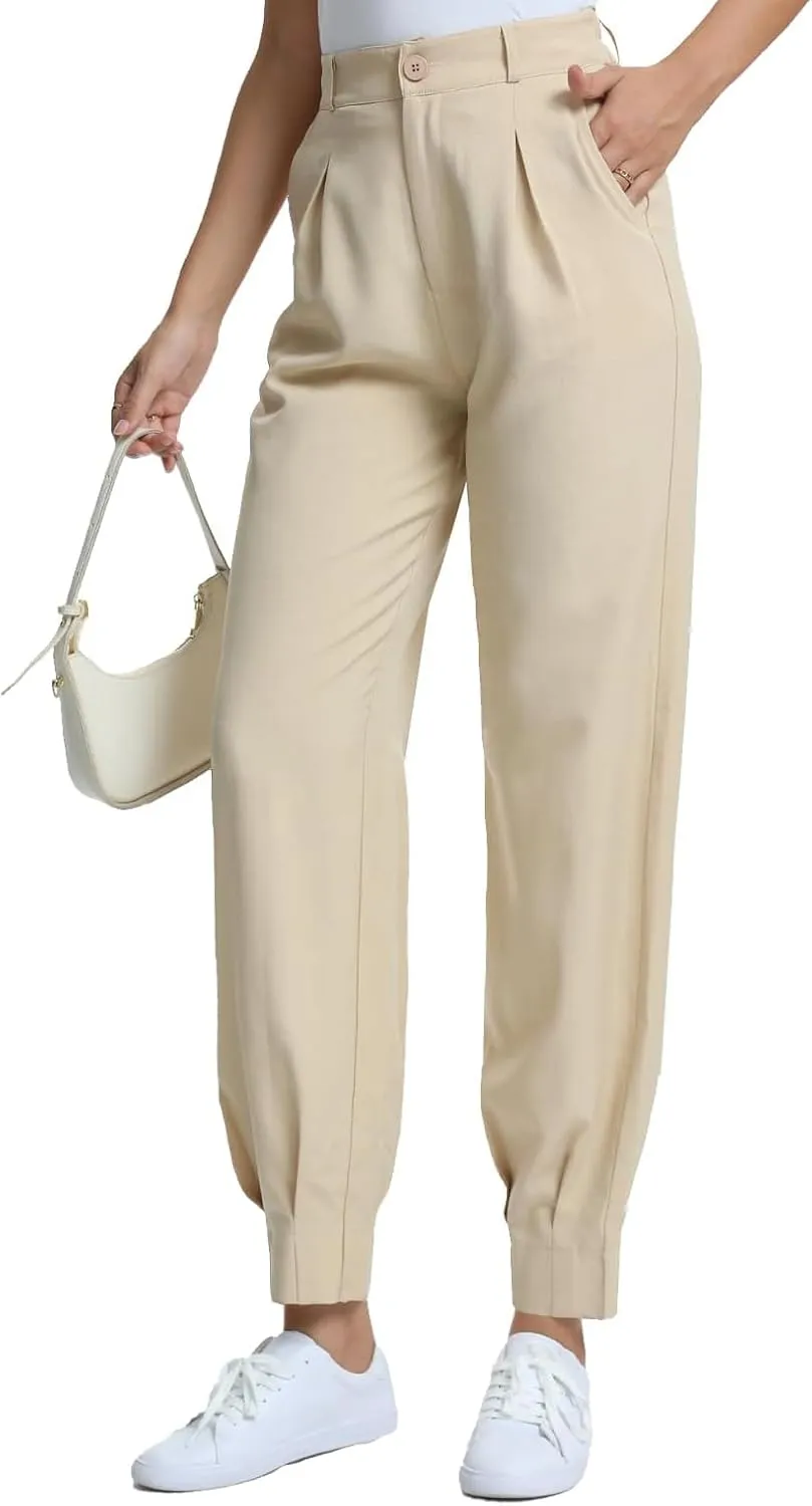 Casual Work Pants Women High Waisted with Pockets Ankle Length Business Traped Slacks Pants Trousers