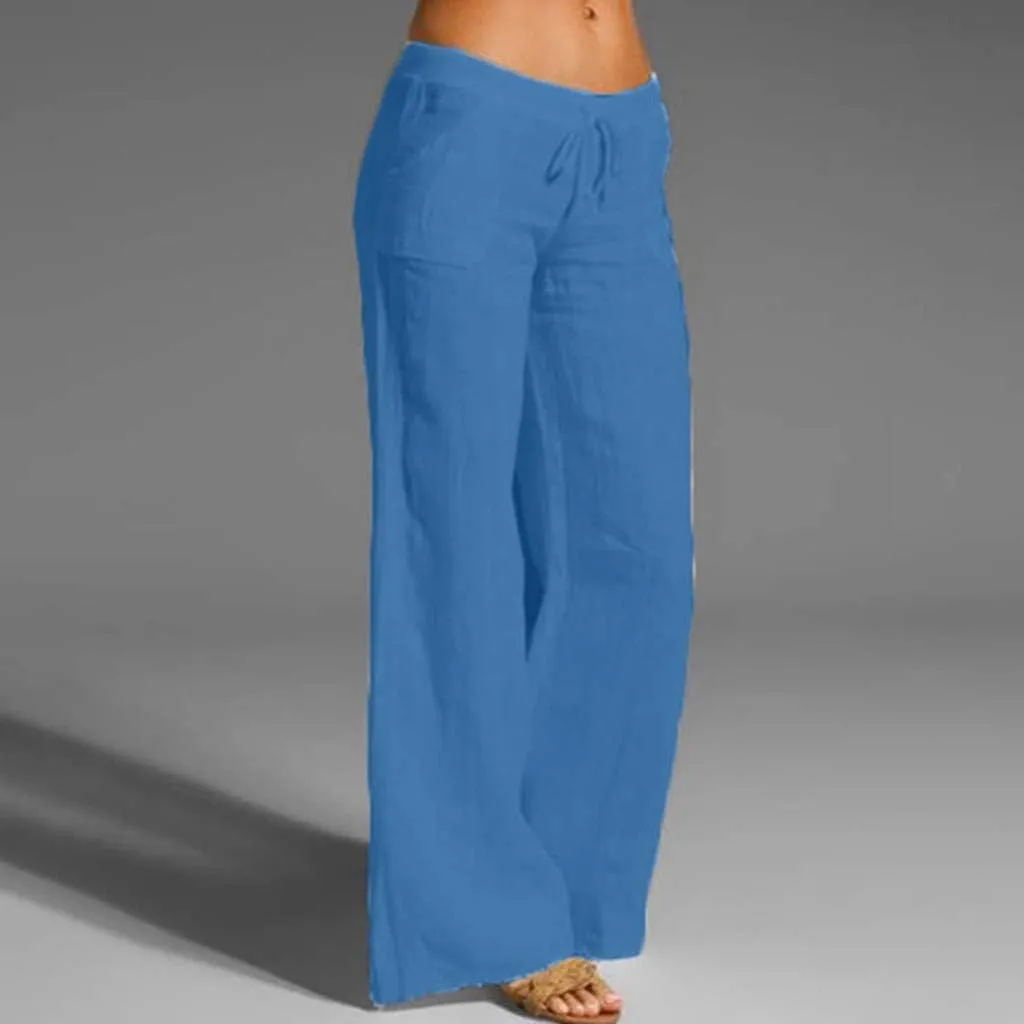 Ceboyel Womens Straight Wide Leg Line Pants Drawstring Cotton Palazzo Pants High Waist Lounge Trousers Boho Summer Outfits