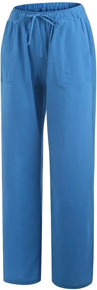 Ceboyel Womens Straight Wide Leg Line Pants Drawstring Cotton Palazzo Pants High Waist Lounge Trousers Boho Summer Outfits