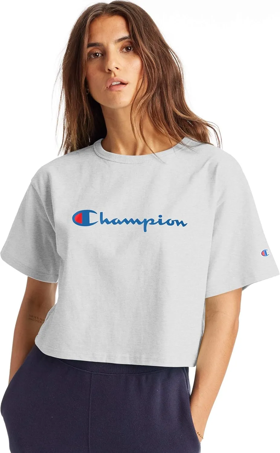 Champion Women's Cropped Reverse Weave Crew, Left Chest C