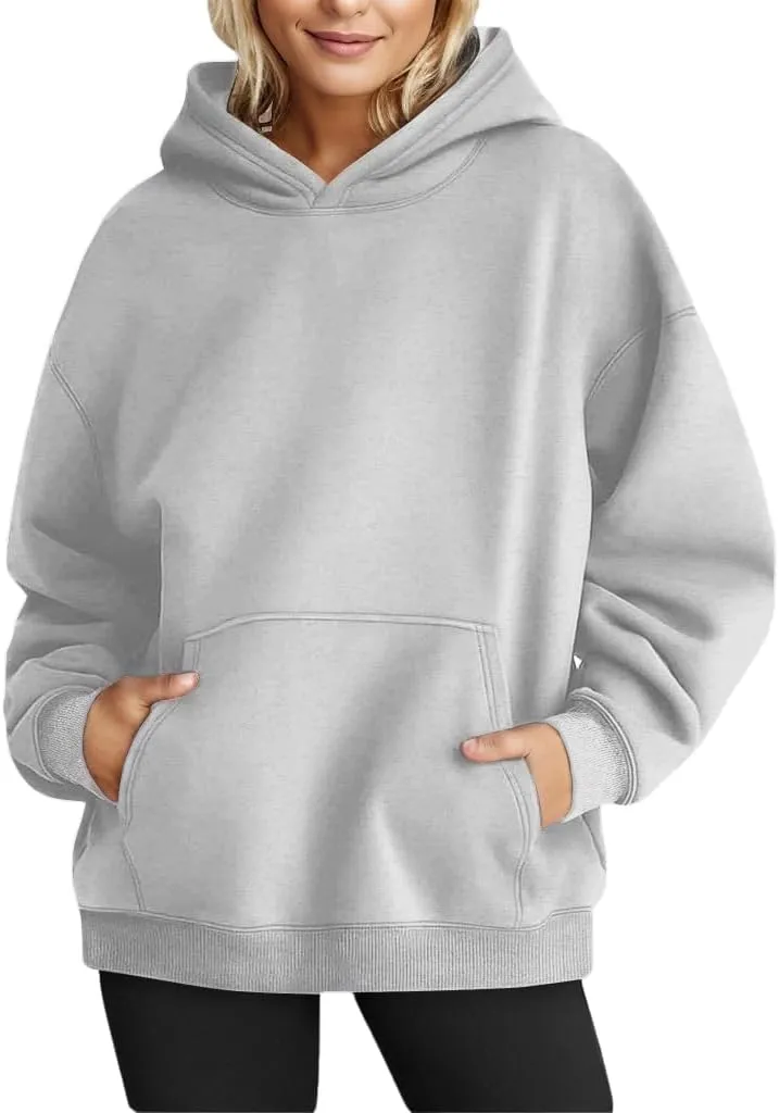 Chaos World Women's Long Sleeve Oversized Pullover Solid Color Y2K Hoodie Fall Winter Sweatshirt with Pocket (L,Grey)