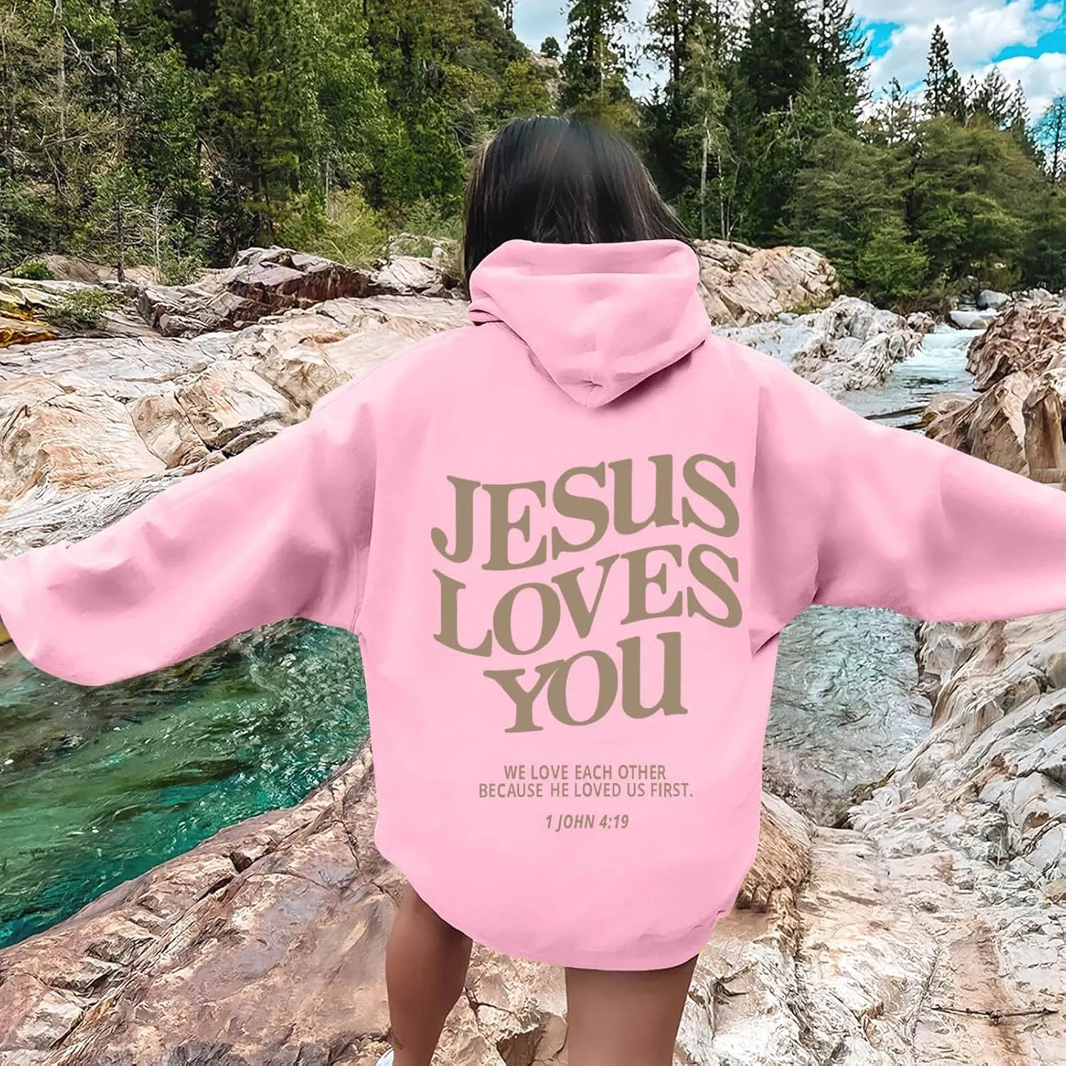 Christian Sweatshirt Women Jesus Loves You Hoodie Oversized Jesus Faith Pullover Inspirational Long Sleeve Tops