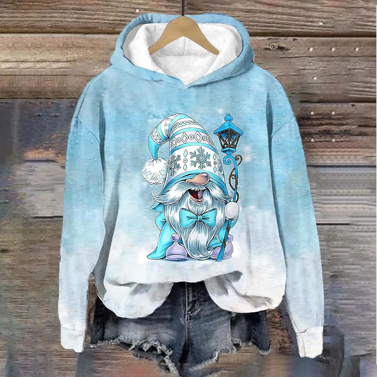 Christmas Gnome Hoodie for Women Fleece Lined Pullover Oversized Long Sleeve Winter Graphic Hooded Sweatshirt Top