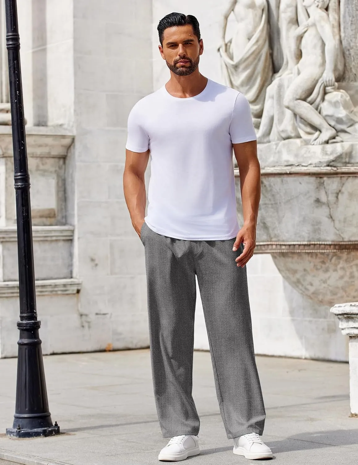 COOFANDY Mens Casual Pants Drawstring Elastic Waist Pants Linen Summer Beach Pants