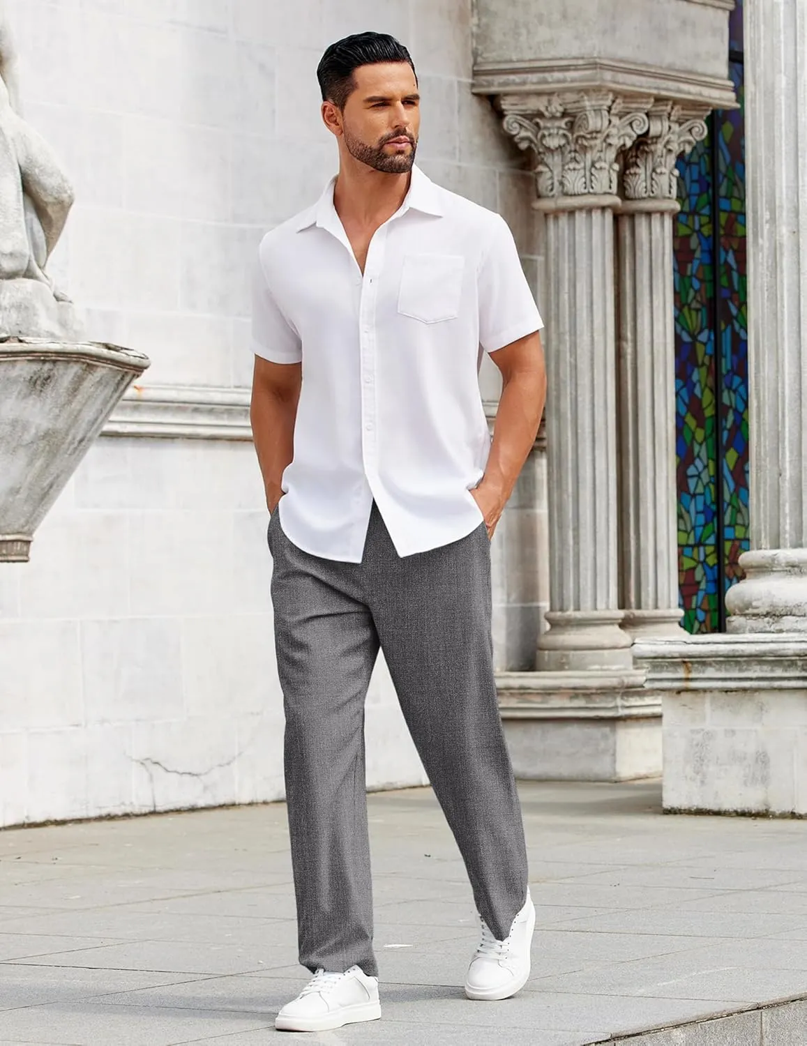 COOFANDY Mens Casual Pants Drawstring Elastic Waist Pants Linen Summer Beach Pants