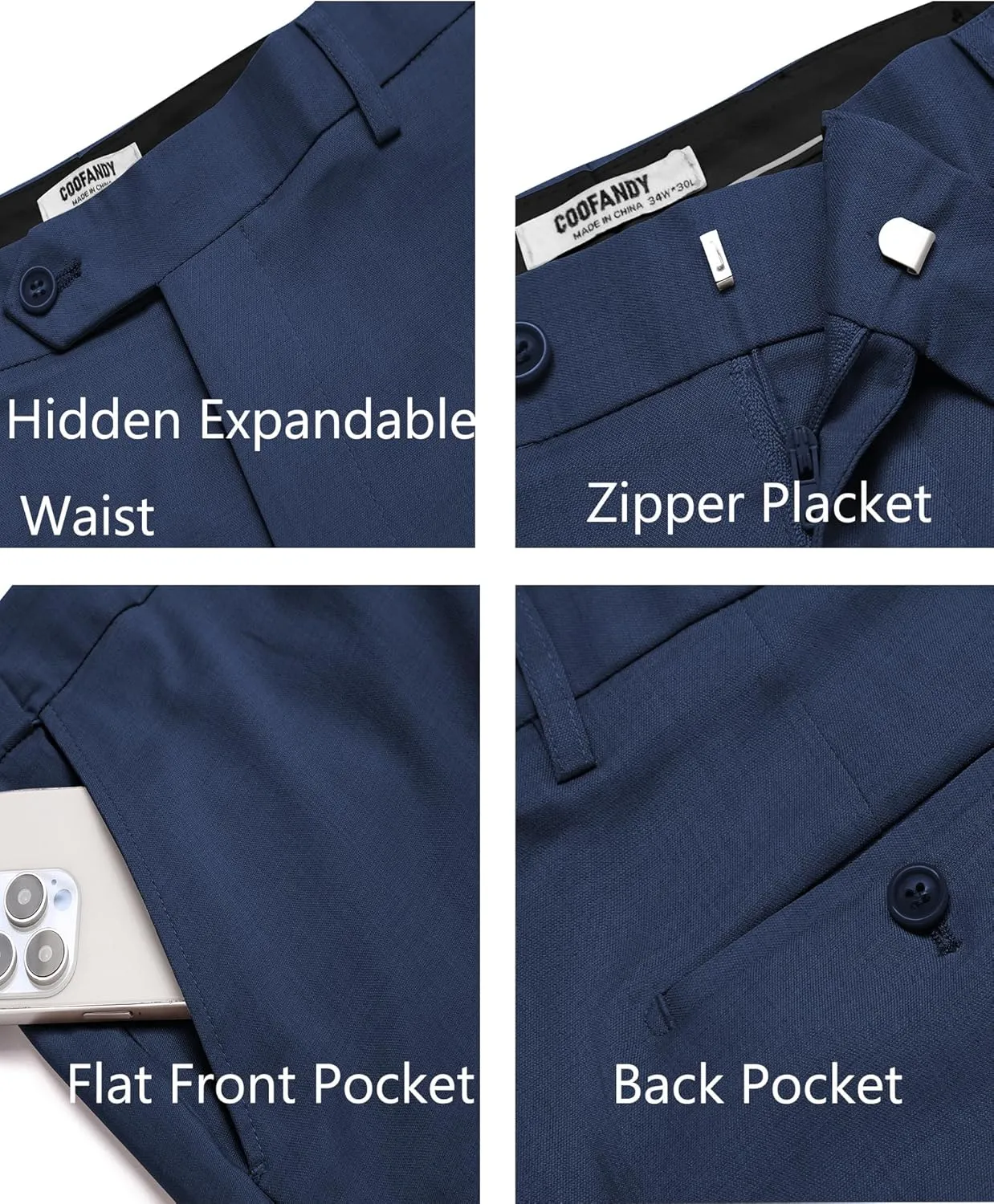 COOFANDY Mens Classic Casual Dress Pants Expandable Waist Suit Pant Slim Fit Flat Front Slacks