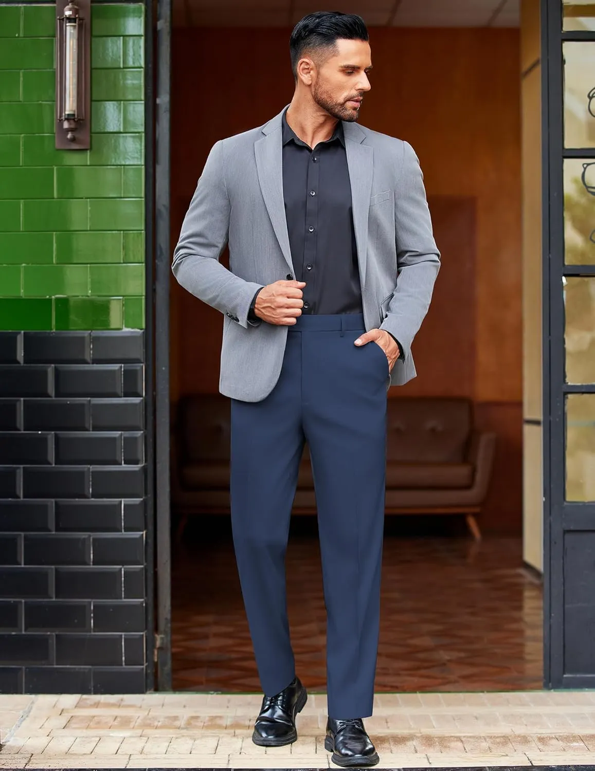 COOFANDY Mens Classic Casual Dress Pants Expandable Waist Suit Pant Slim Fit Flat Front Slacks