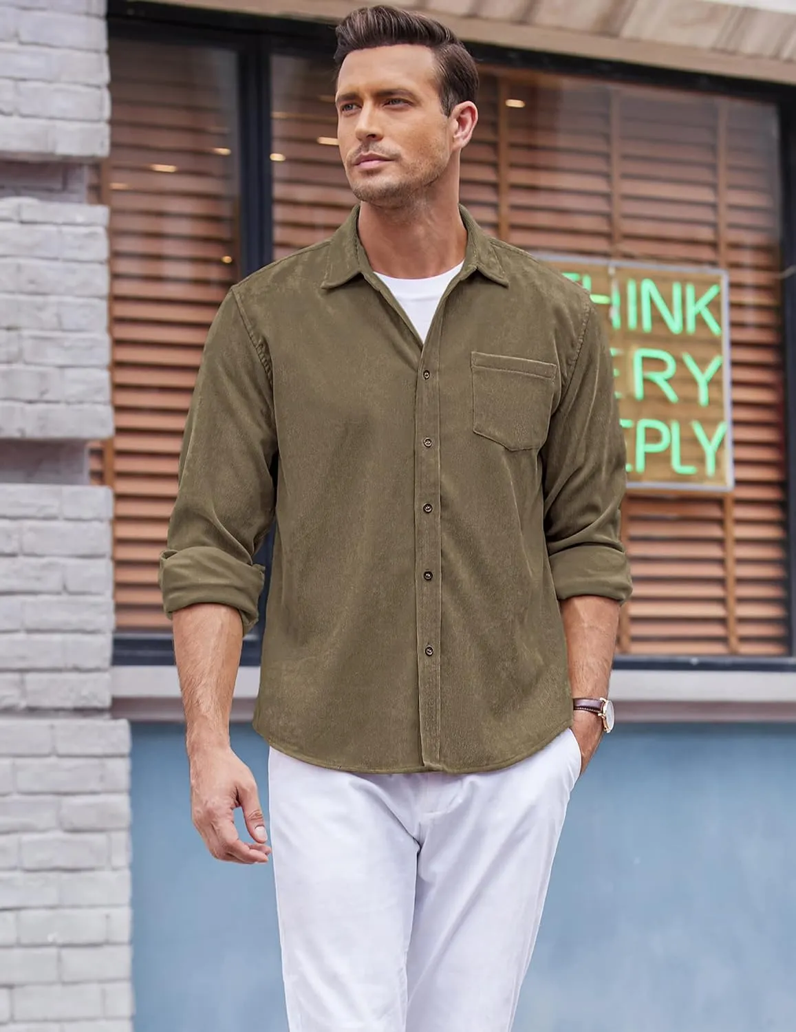 COOFANDY Men's Corduroy Shirt Casual Long Sleeve Button Down Lightweight Jacket Fall Textured Shacket