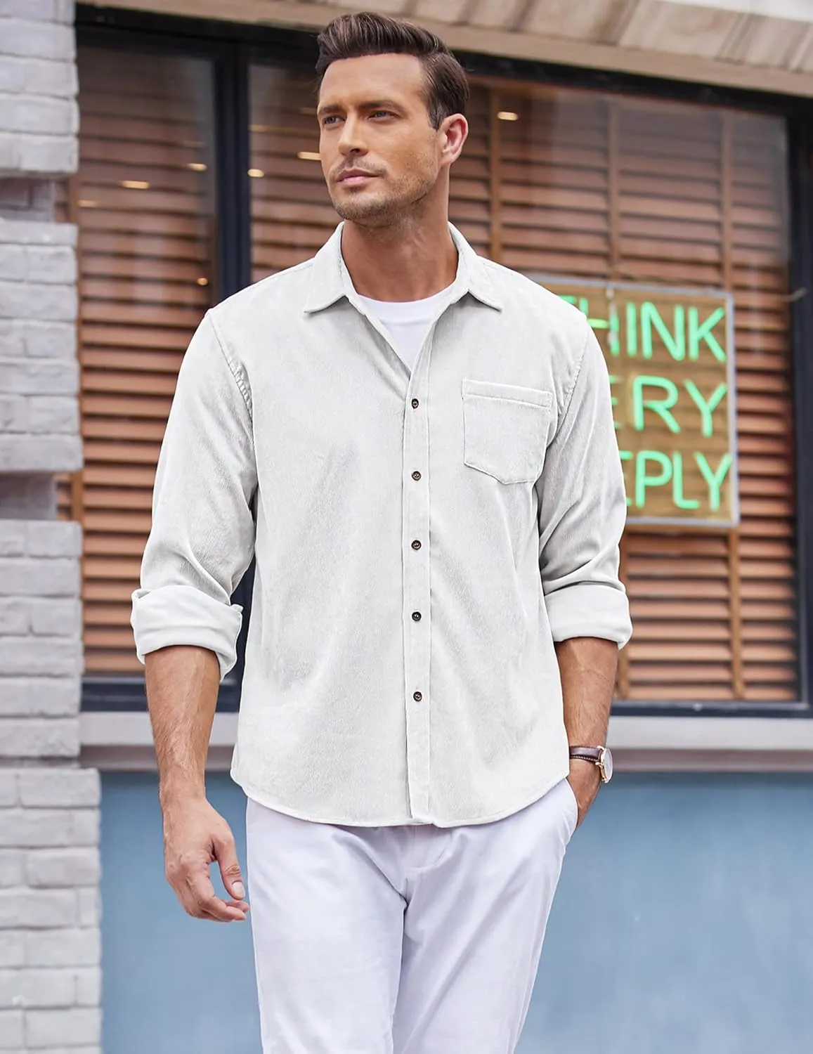 COOFANDY Men's Corduroy Shirt Casual Long Sleeve Button Down Lightweight Jacket Fall Textured Shacket
