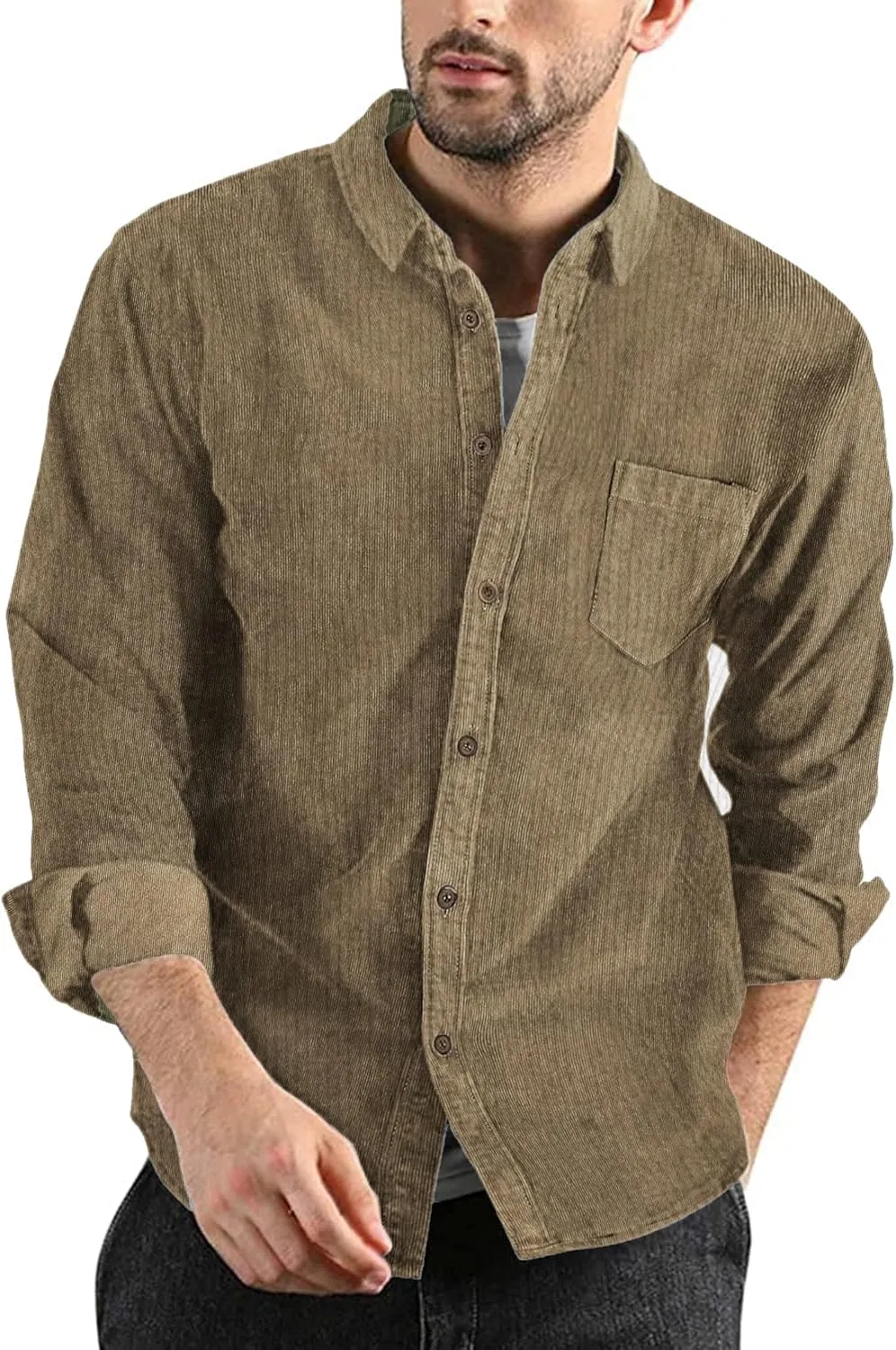 COOFANDY Men's Corduroy Shirt Casual Long Sleeve Button Down Lightweight Jacket Fall Textured Shacket