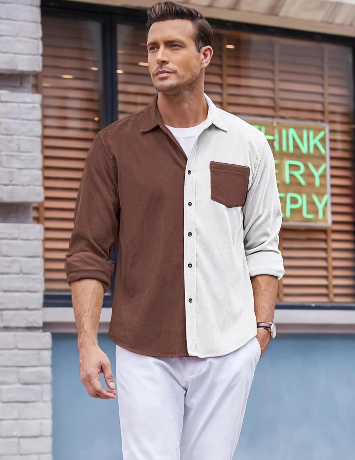 COOFANDY Men's Corduroy Shirt Casual Long Sleeve Button Down Lightweight Jacket Fall Textured Shacket